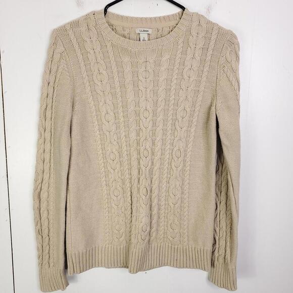 LL Bean Sweater Womens Small Cableknit Cotton Crewneck Thick Neutral Tan - Picture 1 of 7
